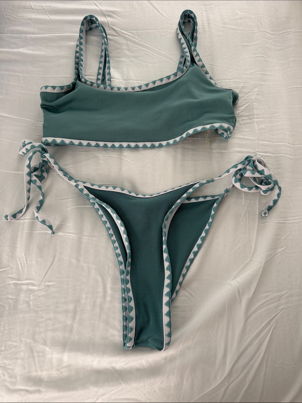 SHEIN Teal Ribbed Tie-Side Bikini with White Geometric Trim